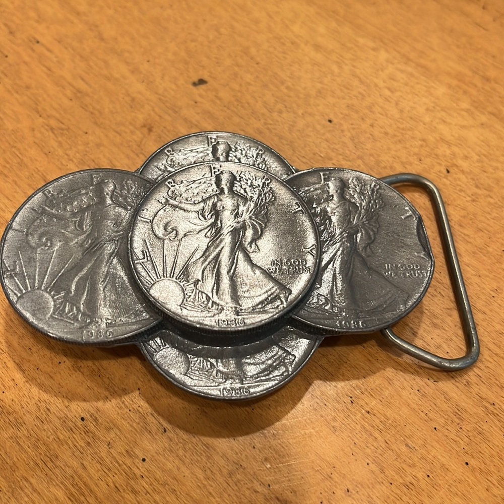 C&j walking liberty coins pewter belt buckle estate find As Is Excellent & Diff